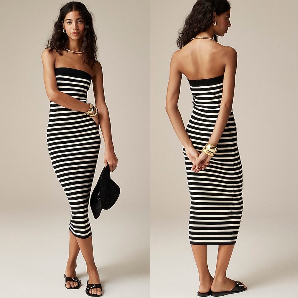 J Crew Cyan Strapless Knit Stretchy Midi Dress in Black Cream Stripe Size Medium
